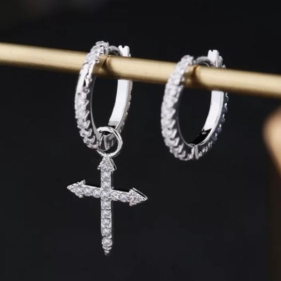 Jewelry - DIAMOND 925 SILVER CROSS PENDANT HOOP EARRINGS, NICE EARRINGS, CUTE EARRINGS